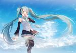 1girl :d arm_at_side bare_shoulders black_skirt blue_eyes blue_hair blue_nails blue_neckwear blue_sky blush clouds cloudy_sky day detached_sleeves eyebrows_visible_through_hair fingernails floating_hair hanako151 hand_in_hair hand_up happy hatsune_miku headset legs_up long_hair looking_at_viewer nail_polish necktie open_mouth outdoors see-through shirt skirt sky sleeveless sleeveless_shirt smile solo standing standing_on_one_leg thigh-highs thighs twintails upper_body upper_teeth very_long_hair vocaloid white_shirt 