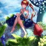  1girl :o absurdres bare_shoulders barefoot blue_dress blue_eyes blue_sky breasts day dress food fruit full_body hands_together highres long_hair mushroom outdoors ponytail sidelocks sitting sketch sky small_breasts solo very_long_hair xinhong_ditan 