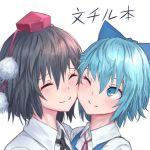  2girls ;) ^_^ bangs black_hair black_neckwear black_ribbon blue_bow blue_dress blue_eyes blue_hair blush bow cheek-to-cheek cirno closed_eyes closed_mouth collared_shirt commentary_request couple dress female hair_between_eyes hair_bow happy hat head_tilt highres looking_at_another multiple_girls neck neck_ribbon one_eye_closed pinafore_dress pom_pom_(clothes) portrait red_hat red_neckwear red_ribbon ribbon roke_(taikodon) shameimaru_aya shirt short_hair simple_background smile tassel tokin_hat touhou translated upper_body white_background white_shirt wince wing_collar wink yuri 