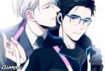  2boys black_hair black_neckwear blue-framed_eyewear blue_eyes blue_jacket brown_eyes collared_shirt commentary_request formal gearous hair_over_one_eye hair_slicked_back hand_on_another&#039;s_shoulder jacket katsuki_yuuri male_focus multiple_boys parted_lips shirt short_hair silver_hair suit track_jacket viktor_nikiforov yaoi yuri!!!_on_ice 