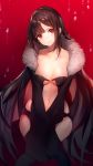  1girl bangs black_dress blush breasts brown_hair center_opening consort_yu_(fate) dress eyebrows_visible_through_hair fate/grand_order fate_(series) fur_collar fur_trim gradient gradient_background head_tilt highres large_breasts long_hair looking_at_viewer navel popupi red_background red_eyes redhead sidelocks simple_background solo water_drop 