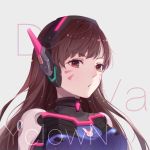  1girl brown_eyes brown_hair copyright_name d.va_(overwatch) eyebrows_visible_through_hair facial_mark floating_hair grey_background highres ku_luo_mofa_shi long_hair overwatch solo upper_body 