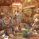 4boys 5girls armor bald black_hair blonde_hair blue_eyes bottle brown_hair cervus coin commentary elf food hair_bun hat highres instrument japanese_clothes multiple_boys multiple_girls music original playing_instrument pointy_ears pot redhead scenery sitting stool table twintails waitress 