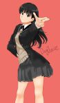  1girl amagami artist_name ayatsuji_tsukasa black_eyes black_hair black_jacket black_ribbon blazer grey_skirt grey_sweater hand_on_hip highres jacket juni315 long_hair long_sleeves looking_at_viewer miniskirt neck_ribbon open_blazer open_clothes open_jacket outstretched_arm pleated_skirt red_background ribbon school_uniform shirt simple_background skirt solo sweater white_shirt 