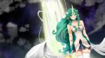  1girl animal_ears armlet braco breasts choker clouds cloudy_sky commentary gloves green_eyes green_hair highres horn league_of_legends long_hair looking_at_viewer magical_girl medium_breasts night parted_lips sky solo soraka staff star_(sky) star_guardian_soraka starry_sky thigh-highs very_long_hair white_gloves white_legwear wings zettai_ryouiki 