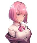  1girl bow bowtie breasts eyebrows_visible_through_hair highres large_breasts lolicondeath1 looking_at_viewer pink_eyes pink_hair pink_neckwear shinjou_akane shirt short_hair simple_background smile solo ssss.gridman upper_body white_background white_shirt 