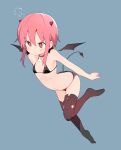  1girl :t absurdres angry belt_collar bikini black_legwear bural_chingu demon_girl demon_horns demon_tail demon_wings flat_chest full_body highres horns lee_ji-eun_(bural_chingu) luke_(dydansgur) mini_wings navel pink_hair red_eyes short_hair sidelocks solo swimsuit tail tears thigh-highs wings 