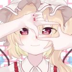  1girl arm_up bangs blonde_hair blush closed_mouth collared_shirt eringi_(rmrafrn) eyebrows_behind_hair finger_frame fingernails flandre_scarlet frilled_shirt_collar frills hair_between_eyes hand_up hat long_hair looking_at_viewer mob_cap nail_polish one_side_up portrait red_eyes red_nails shirt smile solo symbol_in_eye touhou white_hat 