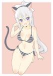  1girl :d absurdres animal_ears bare_legs bare_shoulders bikini black_bikini blush body_blush bow breasts cat_ears cat_tail copyright_request donguri_suzume grey_hair hair_between_eyes hair_bow hair_ornament hairband hairclip hand_up highres kemonomimi_mode large_breasts long_hair looking_at_viewer open_mouth paw_pose pink_background ponytail side-tie_bikini simple_background smile solo striped striped_bikini swimsuit tail thigh_gap very_long_hair violet_eyes white_bow 