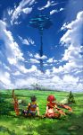  1boy 1girl absurdres arm_at_side arm_support armlet ass blue_sky brown_gloves brown_hair bush clouds commentary_request field from_behind gloves grass highres pyra_(xenoblade) nintendo planted_sword planted_weapon poteto_(potetosarada123) redhead rex_(xenoblade_2) rock scenery short_hair sitting sky sword touching tree weapon xenoblade_(series) xenoblade_2 