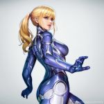  1girl artist_name ass blonde_hair blue_eyes breasts cowboy_shot earrings grey_background iron_man_(comics) jewelry long_hair marvel medium_breasts nudtawut_thongmai pepper_potts ponytail power_armor profile rescue_(iron_man) simple_background solo stud_earrings watermark 