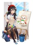 1girl ;d artist_name badge beret black_legwear black_skirt blue_sky bucket button_badge copyright_name creatures_(company) day easel game_boy game_console game_freak gen_7_pokemon hair_between_eyes handheld_game_console hat looking_at_viewer nintendo nintendo_3ds nintendo_switch one_eye_closed open_mouth original paintbrush painting poke_ball pokemon red_hat risem rowlet shoes short_sleeves sitting skirt sky smile smock thigh-highs white_footwear wii_u window 