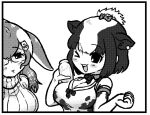  &gt;_o 2girls anchor_hair_ornament blush bow breasts character_request cleavage elbow_gloves eyebrows_visible_through_hair glasses gloves greyscale hair_bow hair_ornament kemono_friends kotobuki_(tiny_life) large_breasts long_hair looking_at_another monochrome multicolored_hair multiple_girls one_eye_closed open_mouth parted_lips short_hair smile sweater turtleneck turtleneck_sweater 