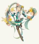  1girl :d ^_^ armpits arms_up bare_shoulders blue_hair blue_nails blue_neckwear closed_eyes closed_eyes detached_sleeves fingernails floating_hair flower full_body grey_background grey_shirt hair_flower hair_ornament happy hatsune_miku highres jumping leg_up long_hair nail_polish necktie open_mouth orange_flower pink_flower plant purple_flower shirt simple_background skirt sleeveless sleeveless_shirt smile solo standing standing_on_one_leg thigh-highs twintails vocaloid yellow_flower 