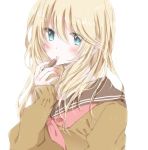  1girl applying_makeup blonde_hair blue_eyes blush cardigan close-up eyebrows_visible_through_hair face hiro_(hirohiro31) lipstick lipstick_tube long_hair looking_at_viewer makeup nail_polish original sailor_collar simple_background solo white_background 