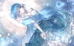  1girl beamed_eighth_notes blue_dress blue_eyes blue_hair blurry blurry_background crown dress dutch_angle hand_up hatsune_miku highres hsmoji indoors long_hair looking_at_viewer musical_note open_mouth pale_skin smile snowflakes solo standing twintails very_long_hair vocaloid 