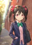  10s 1girl :o artist_name bag bangs black_hair blazer blue_skirt blurry blurry_background bow bowtie brick_wall cable clenched_hand collared_shirt commentary_request day green_neckwear hair_bow hand_in_pocket headphones highres jacket listening_to_music long_sleeves looking_at_viewer love_live! love_live!_school_idol_project navy_blue_jacket otonokizaka_school_uniform outdoors pink_cardigan plaid plaid_skirt red_bow red_eyes school_bag school_uniform shamakho shirt sidelocks skirt solo standing striped striped_neckwear tied_hair twintails upper_body yazawa_nico 