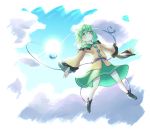  1girl black_footwear blue_sky blush_stickers clouds cloudy_sky collared_shirt expressionless floating frills full_body green_eyes green_hair green_skirt hat heart highres komeiji_koishi long_sleeves menotama ribbon shirt skirt sky sun touhou wavy_hair wide_sleeves yellow_shirt 