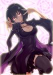  1girl black_dress black_hair black_legwear blush breasts cleavage collar copyright_request dress fang highres jacket looking_at_viewer magic_circle medium_breasts outstretched_arm red_eyes short_hair smile solo thigh-highs yuto_(dialique) 