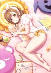  1girl absurdres ass barefoot blush bra breasts brown_eyes brown_hair collarbone copyright_name eyebrows_visible_through_hair feet frilled_bra frills from_above hair_ornament highres holding inou_shin kunikida_hanamaru looking_at_viewer love_live! love_live!_sunshine!! lying medium_breasts navel on_side parted_lips ribbon scan short_hair solo underwear underwear_only yellow_ribbon 