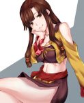  1girl aona_(kuuga19yuu) breasts brown_eyes brown_hair hand_on_own_cheek long_hair looking_at_viewer midriff saaya_(suisei_no_gargantia) sash side_slit skirt smile solo suisei_no_gargantia 