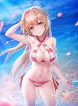 1girl ahoge bikini blonde_hair blush breasts closed_mouth eyebrows_visible_through_hair fate/grand_order fate_(series) food green_eyes highres large_breasts long_hair looking_at_viewer navel necoring862 nero_claudius_(fate)_(all) nero_claudius_(swimsuit_caster)_(fate) ocean petals popsicle side-tie_bikini smile solo standing stomach striped striped_bikini swimsuit 