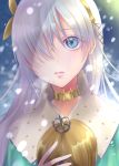  1girl absurdres anastasia_(fate/grand_order) ayamu_(igakato) blue_cloak blue_eyes choker commentary_request doll fate/grand_order fate_(series) hair_over_one_eye hairband highres holding holding_doll long_hair looking_at_viewer royal_robe silver_hair snow solo yellow_choker yellow_hairband 