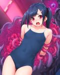  1girl arms_behind_back black_hair commentary_request hair_ornament hairclip highres looking_at_viewer monster one-piece_swimsuit open_mouth original restrained scared school_swimsuit solo swimsuit tears tentacle twintails violet_eyes wacchi wide-eyed 