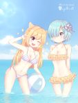  2girls ;d arm_up arms_behind_back ball bare_arms bare_shoulders beachball bikini blonde_hair blue_eyes blue_hair blue_sky blush breasts cleavage closed_mouth clouds cloudy_sky collarbone commentary_request day diagonal_stripes fang front-tie_bikini front-tie_top groin hair_ornament hair_over_one_eye hair_ribbon hairclip highres horizon large_breasts leaning_to_the_side light_(luxiao_deng) long_hair multiple_girls navel ocean one_eye_closed open_mouth original outdoors pink_ribbon polka_dot polka_dot_bikini re:zero_kara_hajimeru_isekai_seikatsu rem_(re:zero) ribbon short_hair side-tie_bikini sky smile sparkle standing striped striped_bikini swimsuit thigh_gap two_side_up v_over_eye very_long_hair violet_eyes wading water x_hair_ornament yellow_bikini 