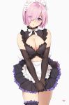  1girl alternate_costume apron bare_shoulders black_dress black_gloves blush breasts cleavage dress elbow_gloves enmaided eyes_visible_through_hair fate/grand_order fate_(series) frills gloves hair_over_one_eye highres large_breasts lavender_hair leg_garter looking_at_viewer maid maid_apron maid_headdress mash_kyrielight neck_ribbon open_mouth parted_lips ribbon short_hair simple_background solo thighs violet_eyes waist_apron white_background white_ribbon yang-do 