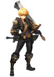  1boy absurdres armor belt belt_buckle blonde_hair buckle daeho_cha emblem gauntlets greaves hand_on_hip highres holding holding_sword holding_weapon lion medium_hair original pauldrons red_eyes scabbard sheath simple_background smile solo sword weapon white_background 