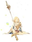 1girl absurdres armor blonde_hair blush braid cape closed_eyes crown_braid fire_emblem fire_emblem_heroes highres holding_polearm long_hair long_sleeves nintendo nishimura_(nianiamu) open_mouth polearm sharena simple_background sitting solo weapon white_background 