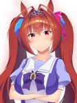  1girl absurdres blush breast_hold breasts brown_hair crossed_arms daiwa_scarlet eyebrows_visible_through_hair fang highres large_breasts long_hair looking_at_viewer nori_curry red_eyes solo tiara twintails umamusume upper_body 