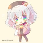  ... 1girl bag bangs beige_background black_hat black_legwear black_skirt blue_eyes blush brown_coat brown_footwear chibi coat commentary_request eyebrows_visible_through_hair full_body green_eyes hair_between_eyes hat head_tilt kantai_collection kashima_(kantai_collection) kouu_hiyoyo long_hair long_sleeves lowres multicolored multicolored_eyes open_clothes open_coat pantyhose paper_bag pleated_skirt shirt shopping_bag silver_hair skirt solo standing twitter_username two_side_up yellow_shirt 