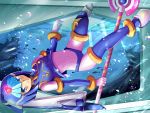  1girl android blue_eyes blush bodysuit breasts bubble fish floating gloves helmet highres holding holding_weapon leviathan_(rockman) light_rays polearm rockman rockman_zero shiguko small_breasts smile solo spear thigh-highs underwater water weapon white_gloves 