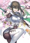  1girl armor bangs bodysuit breasts brown_hair bun_cover cape cherry_blossoms chinese_clothes commentary_request double_bun fate/grand_order fate_(series) fighting_stance fingerless_gloves gloves green_eyes hair_between_eyes highres karlwolf large_breasts leg_up looking_at_viewer open_mouth polearm qin_liangyu_(fate) see-through sidelocks skin_tight solo sword sword_behind_back weapon white_cape white_legwear 
