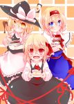  +_+ 3girls absurdres alice_margatroid ascot black_dress blonde_hair blue_dress blue_eyes book cake capelet chocolate dress dress_shirt food fruit grin hair_ribbon hairband hat highres kirisame_marisa kuroyume_(dark495) long_hair multiple_girls open_mouth red_eyes ribbon rumia shirt short_hair smile star star-shaped_pupils strawberry symbol-shaped_pupils touhou wooden_spoon yellow_eyes 