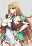  1girl armor bangs bare_shoulders blonde_hair blush breasts cleavage_cutout closed_mouth commentary_request covered_navel dress earrings elbow_gloves fujitsubo_(hujitubo0731) gem gloves grey_background hand_on_hip headpiece highres mythra_(xenoblade) jewelry large_breasts long_hair looking_at_viewer nintendo short_shorts shorts simple_background smile solo swept_bangs tiara very_long_hair white_dress white_gloves xenoblade_(series) xenoblade_2 yellow_eyes 