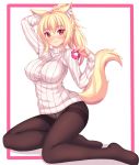  1girl absurdres animal_ears arm_up black_legwear blonde_hair blush breasts cat_ears closed_mouth commentary crotch_seam english_commentary eyebrows_visible_through_hair fast-runner-2024 hair_between_eyes hair_ornament hair_scrunchie highres large_breasts lips long_hair long_sleeves looking_at_viewer no_pants original panties panties_under_pantyhose pantyhose ponytail red_eyes ribbed_sweater scrunchie simple_background slit_pupils solo sweater thighband_pantyhose tiffy turtleneck turtleneck_sweater underwear white_background white_panties white_sweater 