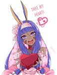  1girl :d animal_ears apron bangs blunt_bangs dark_skin dress facial_mark fate/grand_order fate_(series) hairband head_tilt highres jackal_ears kyou_(ningiou) looking_at_viewer nitocris_(fate/grand_order) open_mouth purple_hair smile solo teeth violet_eyes 