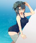  1girl blue_hair breasts brown_eyes cleavage collarbone dated fang goggles goggles_on_head kantai_collection looking_at_viewer nmz_(namazu) no_eyepatch one-piece_swimsuit one_eye_closed open_mouth partially_submerged pool scar scar_across_eye short_hair signature solo swimsuit tenryuu_(kantai_collection) twitter_username wet 