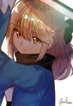  1girl arm_up artist_name bangs black_bow black_scarf blonde_hair bow brown_eyes eyebrows_visible_through_hair fate/grand_order fate_(series) hair_bow haori holding holding_sword holding_weapon iftuoma japanese_clothes katana kimono koha-ace long_sleeves okita_souji_(fate) okita_souji_(fate)_(all) scarf simple_background solo sword upper_body weapon white_background white_kimono 