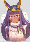  &lt;o&gt;_&lt;o&gt; absurdres alternate_costume animal_ears commentary_request dark_skin earrings eyebrows_visible_through_hair facial_mark fate/grand_order fate_(series) hairband highres hoop_earrings jackal_ears jewelry light_smile lips long_hair looking_at_viewer medjed mugcup nitocris_(fate/grand_order) purple_hair sidelocks signature sweater turtleneck turtleneck_sweater upper_body very_long_hair violet_eyes white_sweater 