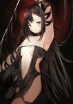  1girl absurdres arm_ribbon arm_up armpits bangs bare_shoulders black_dress black_hair black_ribbon blush breasts closed_mouth collarbone commentary_request consort_yu_(fate) dress eyebrows_visible_through_hair fate/grand_order fate_(series) hair_between_eyes head_tilt highres long_hair medium_breasts navel red_eyes revealing_clothes revision ribbon ribbon-trimmed_dress ribbon_trim silver_(chenwen) solo strapless strapless_dress very_long_hair 