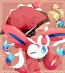  ;o artist_name baggy_clothes blue_eyes blue_sclera border bow commentary cosplay creatures_(company) game_freak gen_6_pokemon japanese_clothes kimono leaning_forward miracle_mallet needle nintendo one_eye_closed patterned_clothing paws pink_background pokemon pokemon_(creature) prehensile_ribbon purpleninfy ribbon simple_background sukuna_shinmyoumaru sukuna_shinmyoumaru_(cosplay) sword sylveon tail touhou weapon 