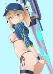  100 1girl ahoge artoria_pendragon_(all) ass bikini blonde_hair blue_eyes cropped_jacket fate/grand_order fate_(series) hat looking_back mysterious_heroine_x mysterious_heroine_xx_(foreigner) ponytail side-tie_bikini swimsuit thigh_strap weapon 