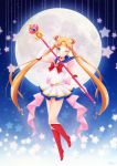  1girl ;) bishoujo_senshi_sailor_moon blonde_hair blue_eyes blue_sailor_collar boots bow bowtie choker double_bun earrings elbow_gloves floating_hair full_body full_moon gloves hair_ornament headpiece heart highres holding holding_staff jewelry knee_boots long_hair looking_at_viewer miniskirt moon one_eye_closed ozenkalily pleated_skirt red_bow red_footwear red_neckwear sailor_collar sailor_moon sailor_senshi_uniform shirt skirt sleeveless sleeveless_shirt smile solo staff super_sailor_moon twintails very_long_hair white_gloves white_shirt white_skirt 