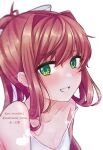  1girl absurdres artist_name bow breasts doki_doki_literature_club eyebrows_visible_through_hair green_eyes happy highres long_hair mi_tarou0412 monika_(doki_doki_literature_club) simple_background smile solo teeth white_bow 