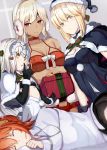  4girls ahoge altera_(fate) altera_the_santa artoria_pendragon_(all) bare_shoulders bell black_bikini_top black_gloves blonde_hair blush bow box breasts cape capelet chaldea_uniform choker christmas closed_eyes dark_skin earmuffs elbow_gloves fate/apocrypha fate/grand_order fate_(series) fujimaru_ritsuka_(female) fur_trim gift gift_box gloves green_bow green_ribbon hair_ornament hair_scrunchie hat headpiece highres holding holding_gift jacket jeanne_d&#039;arc_(fate)_(all) jeanne_d&#039;arc_alter_santa_lily long_hair looking_at_viewer medium_breasts mittens multiple_girls ninoude_(ninoude44) one_side_up open_mouth orange_hair red_eyes ribbon saber_alter santa_alter santa_costume santa_hat scrunchie short_hair side_ponytail skirt sleeping small_breasts smile striped striped_bow striped_ribbon veil white_capelet white_hair white_jacket yellow_eyes younger 