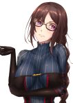  1girl black-framed_eyewear black_gloves braid breast_hold breasts breasts_apart brown_hair collarbone commentary_request consort_yu_(fate) elbow_gloves fate/grand_order fate_(series) glasses gloves head_tilt highres large_breasts long_braid long_hair looking_at_viewer messy_hair red_eyes shiroshisu simple_background single_braid solo striped striped_sweater sweater very_long_hair white_background 
